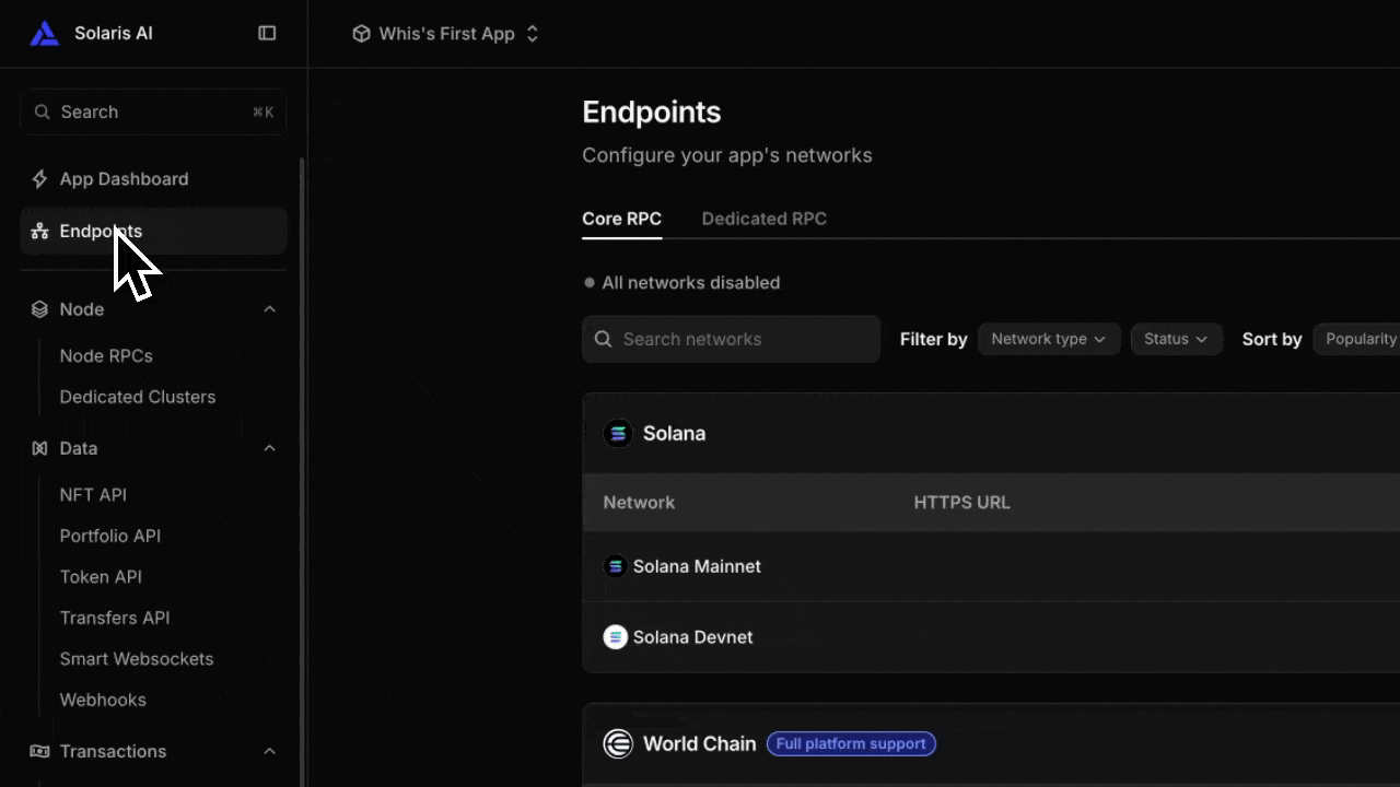 Enabling Solana Mainnet on an Alchemy app's Endpoints (Core RPC) page.