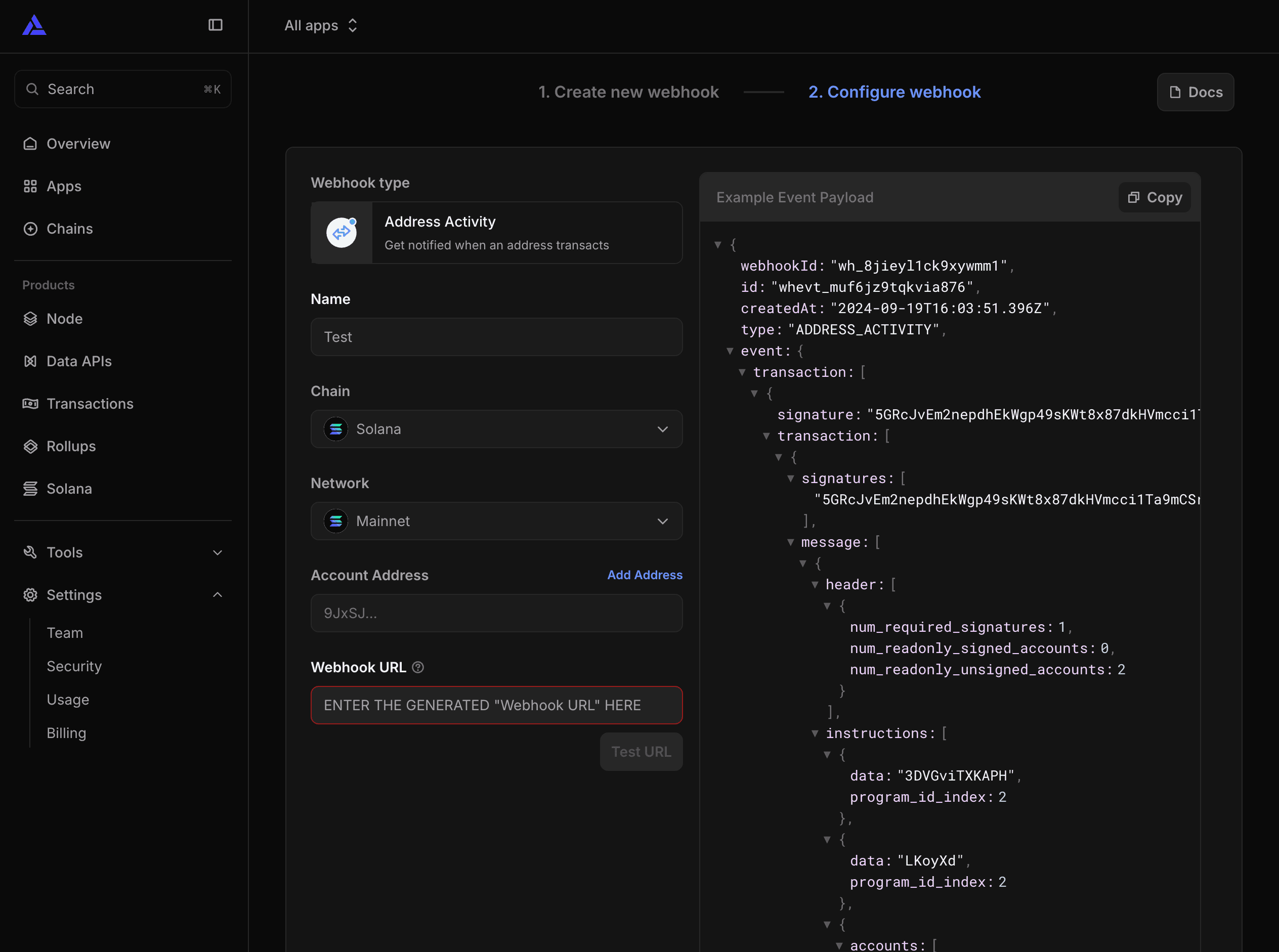 Alchemy "Configure webhook" page: Chain set to Solana, Network to Mainnet, with the Solaris Webhook URL pasted in.