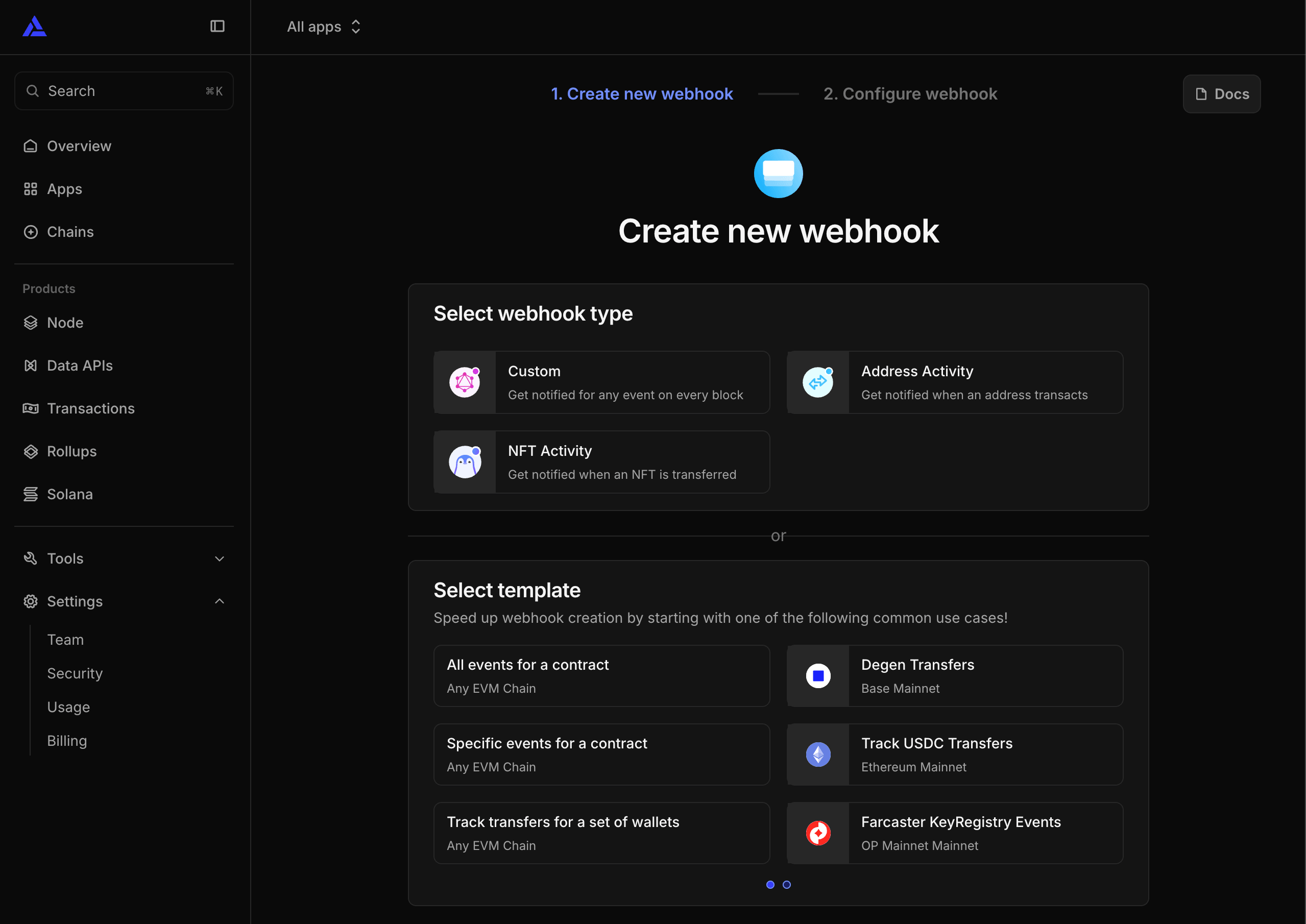 Alchemy "Create new webhook" page with the Address Activity webhook type selected.