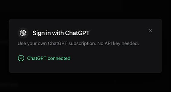 The Solaris AI "Sign in with ChatGPT" dialog showing a green "ChatGPT connected" confirmation.