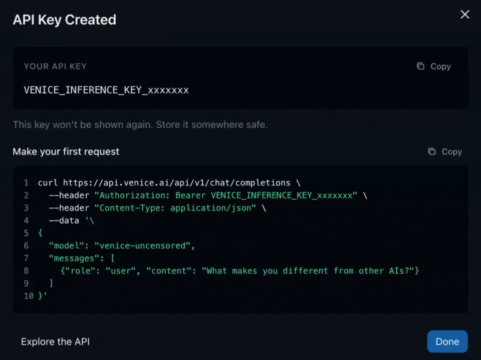 Copying the Venice API key from the Venice dashboard